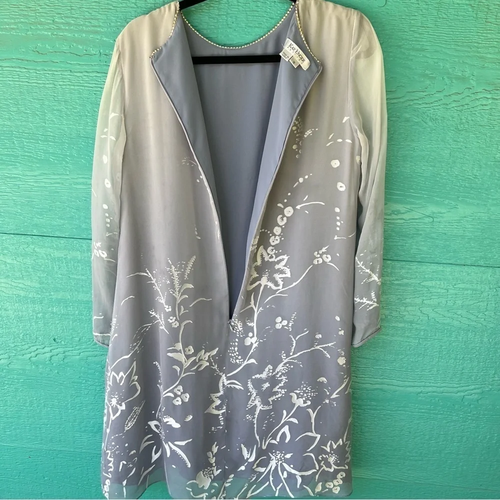 SILK VINTAGE OVERLAY OMBRÉ GRAY SILVER  PRINT DRESS SIZE 8 KAY UNGER LUXURY